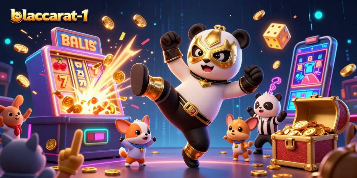 baccarat-1 gaming scene featuring a panda wrestler and chihuahua referee amidst a jackpot explosion