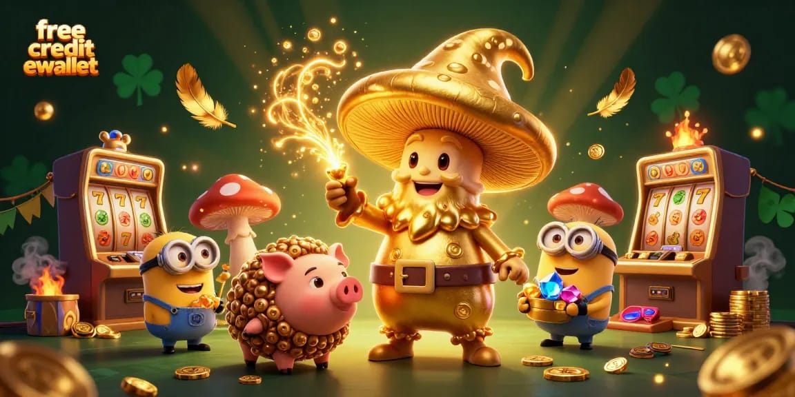 Engage in the thrill of free credit ewallet casino gaming with golden mushroom wizard and treasures.