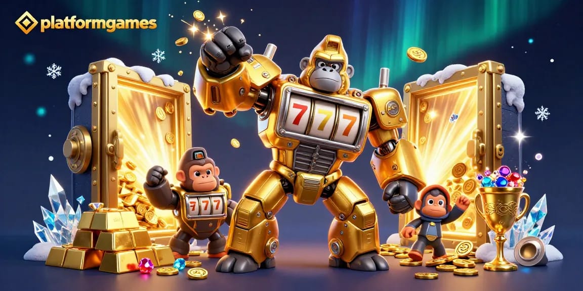 Experience thrilling action in platformgames with a golden gorilla mech and dazzling treasures exploding in all directions.