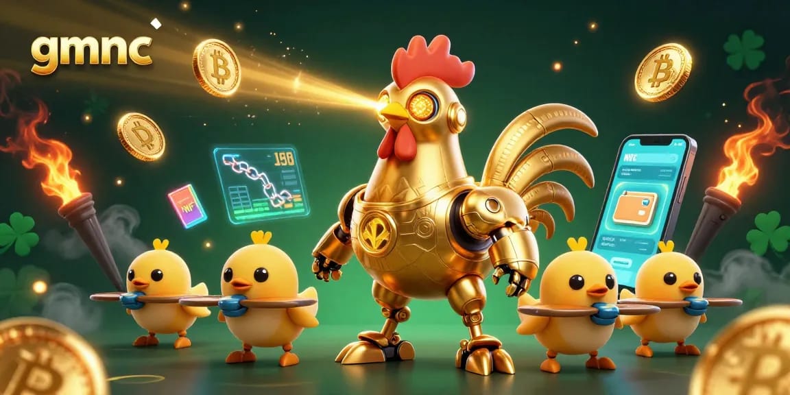 Engage with gmnc in an action-packed 3D scene showcasing a golden rooster robot and crypto elements.