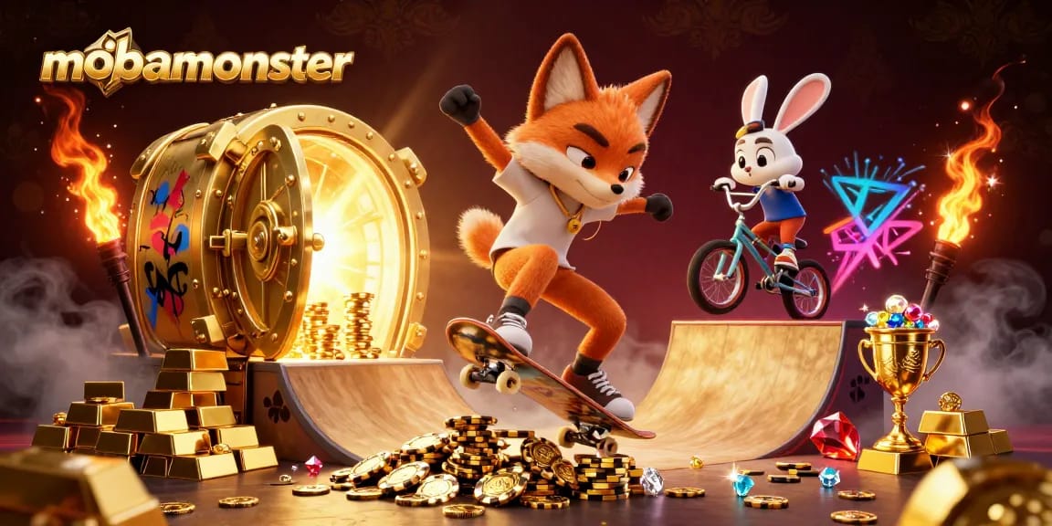 Mobamonster showcases a lively casino scene with a skateboarder fox and BMX rabbit among dazzling treasures.