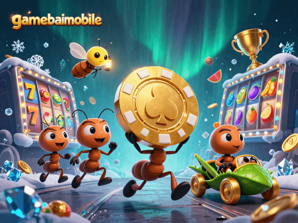 gamebaimobile captures a thrilling heist scene with stylized ants and vibrant slot elements.