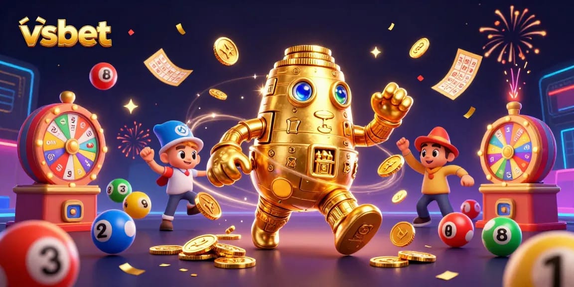 Spin and win with vsbet’s colorful lottery balls and golden golem captivating the gaming realm.