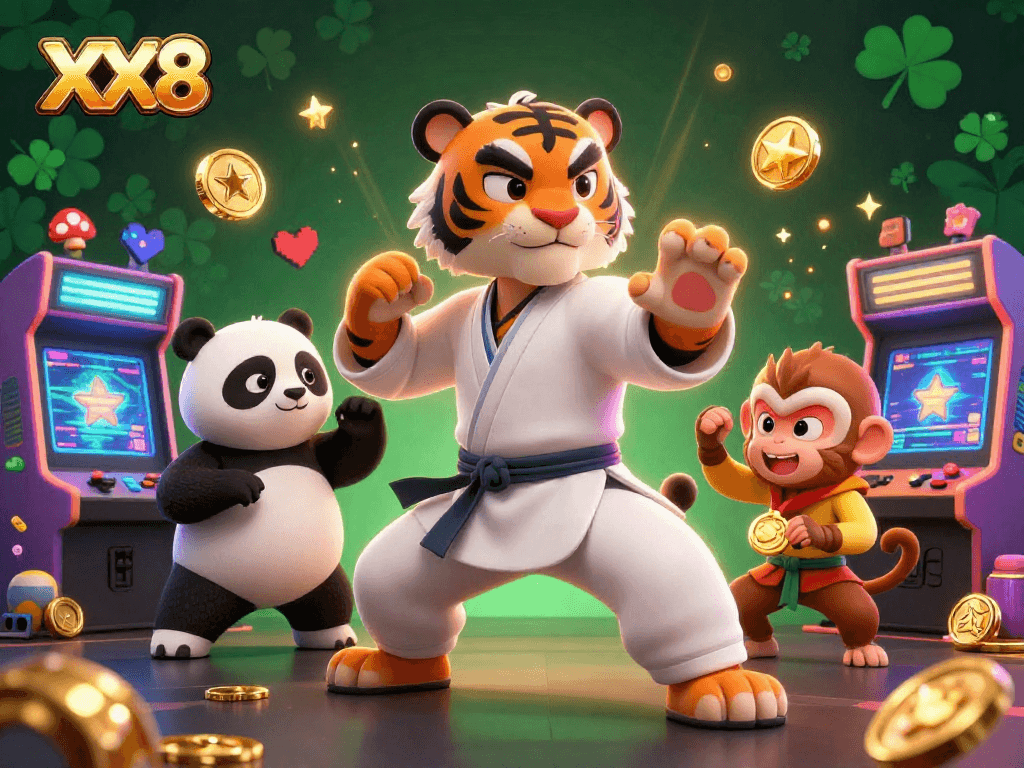 Engage with the dynamic XX8 scene showcasing a kung fu tiger master and students amidst colorful gaming elements.