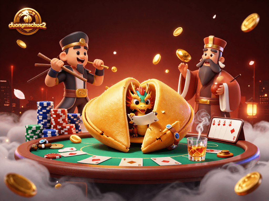 Engage in duongmatchuoc2 strategy with a golden fortune cookie, dragon, and poker elements.