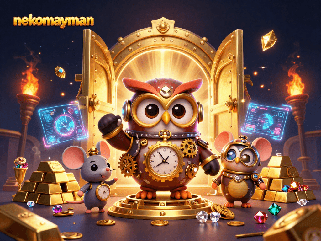 Spin wins with nekomayman in a vibrant 3D casino scene full of treasure and excitement.