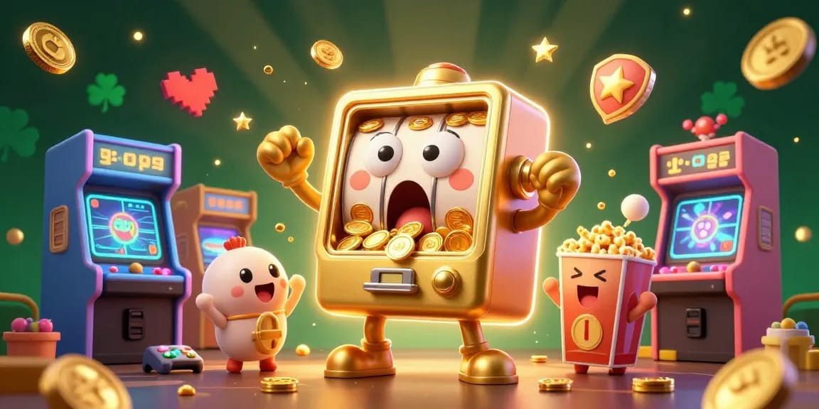 Experience the excitement of tylekeonhacai-vn as the golden slot machine hits a jackpot, surrounded by cheering machines.