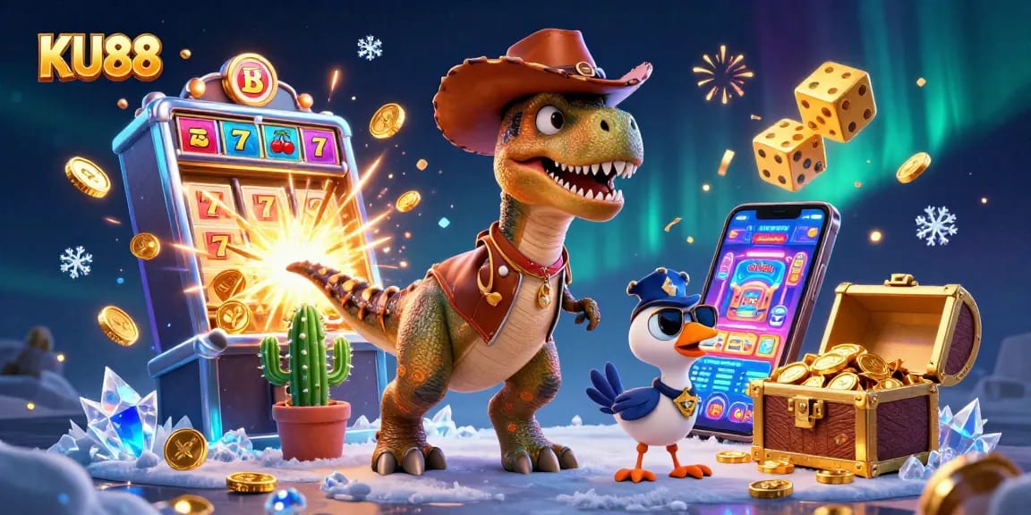 Experience the fun with KU88 as a cowboy dinosaur wins big at the slots!