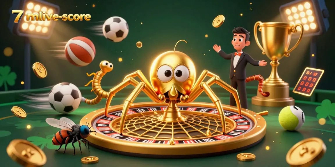 Place your bets with 7mlive-score in this dynamic casino-themed 3D illustration of roulette and sports.