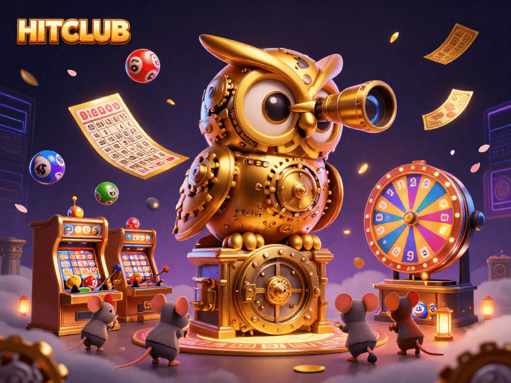 Join the excitement at HITCLUB with vibrant lottery balls and golden prizes amidst a dazzling casino scene.