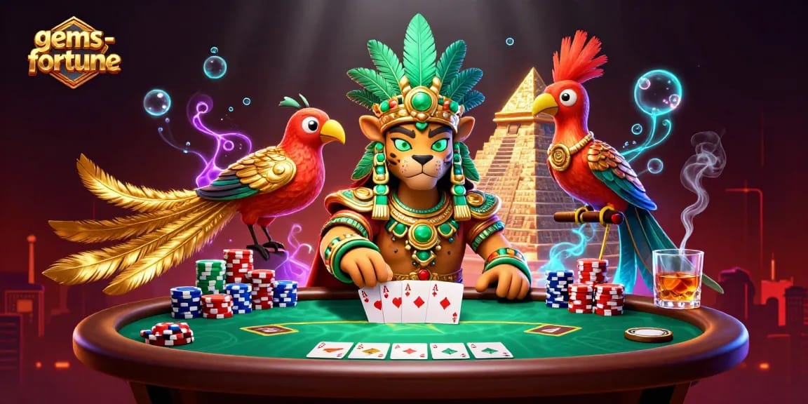 Engage with gems-fortune in this intense poker scene featuring 3D characters and vibrant casino elements.