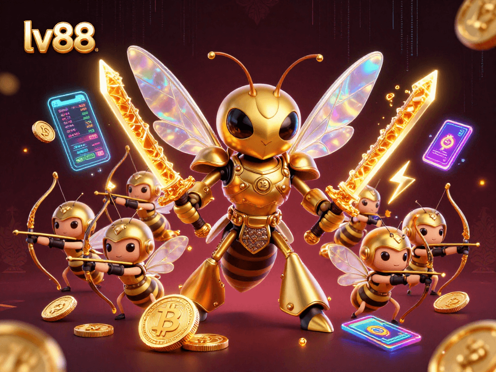 Experience thrilling gameplay at lv88 with 3D characters amid glowing coins and dynamic casino elements.