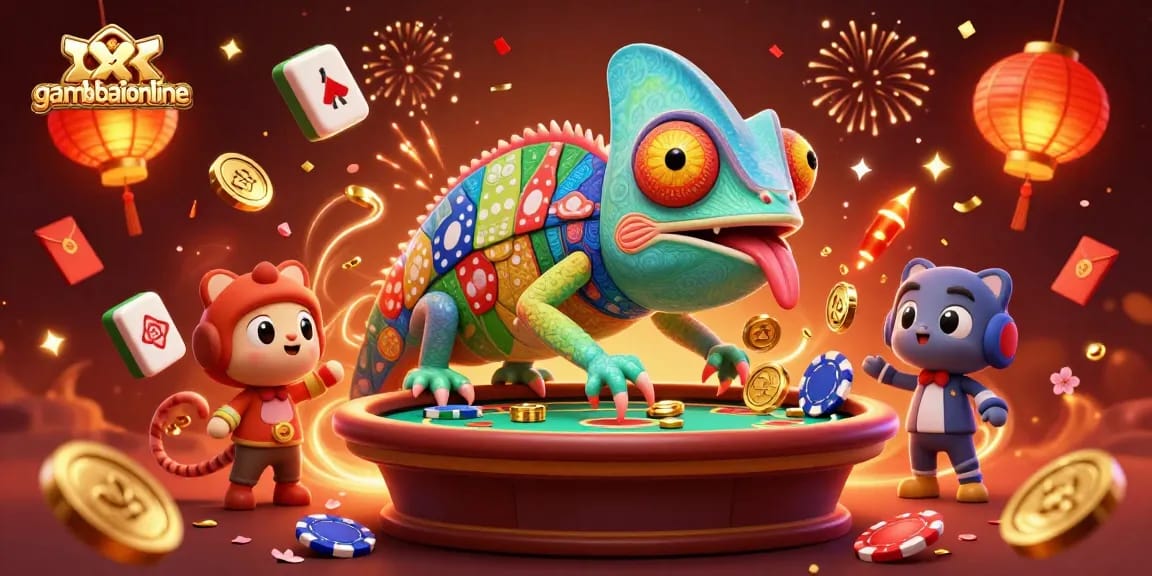 Engage with gamebaiionline's vibrant casino world, featuring a playful chameleon and festive elements.