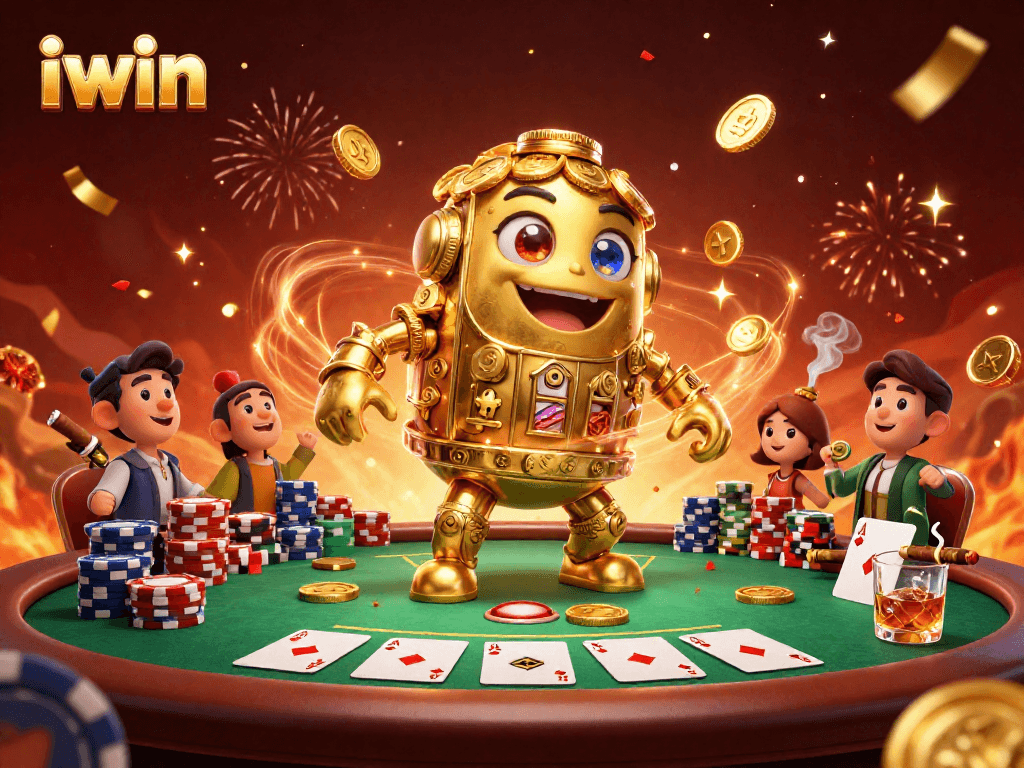 Win big with iwin's golden golem amidst rich poker elements and celebratory confetti.