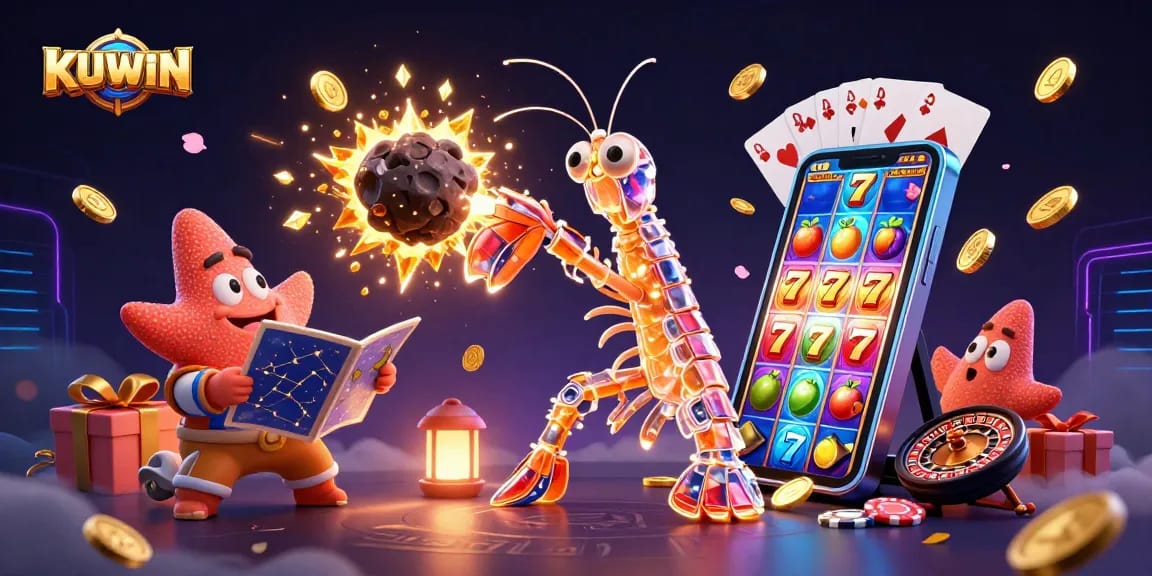 Engage with KUWIN slot games featuring 3D samurai shrimp and starfish in a vibrant casino scene.