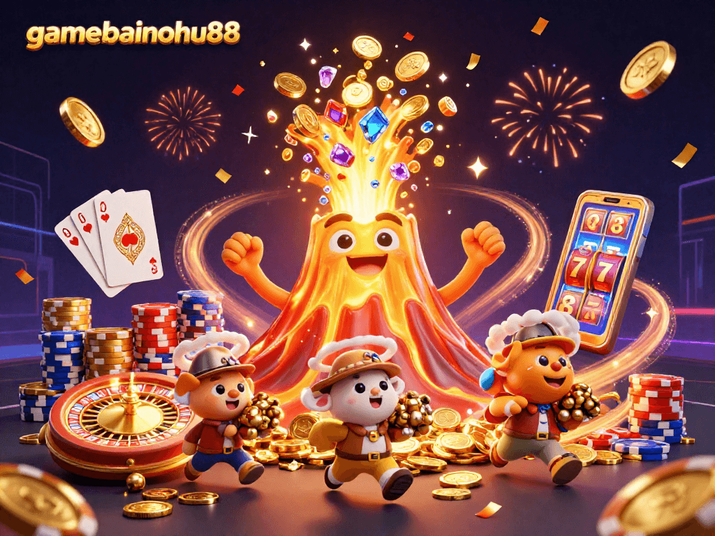 Engage with gamebainohu88 as a golden volcano erupts treasures while explorer animals flee with gems.