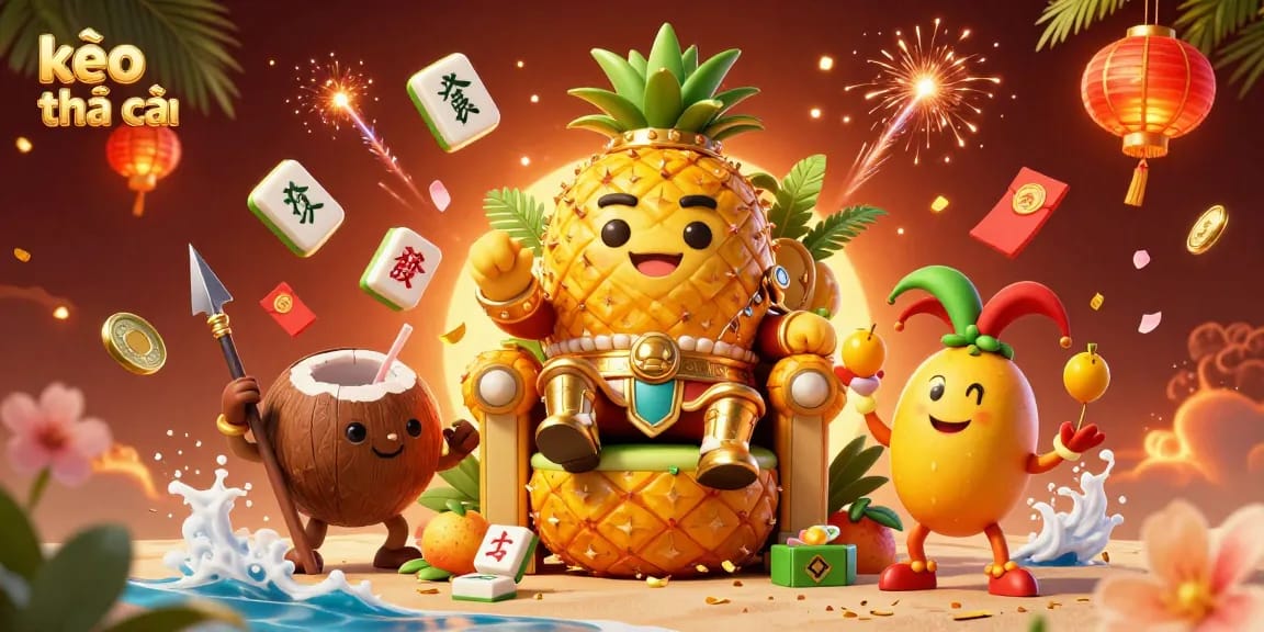 Engage with the thrilling kèo nhà cái experience illustrated in a vibrant tropical casino scene full of characters and gaming elements.