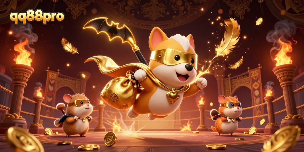 Join the excitement of qq88pro with a superhero dog and hamster in a thrilling gaming scene!
