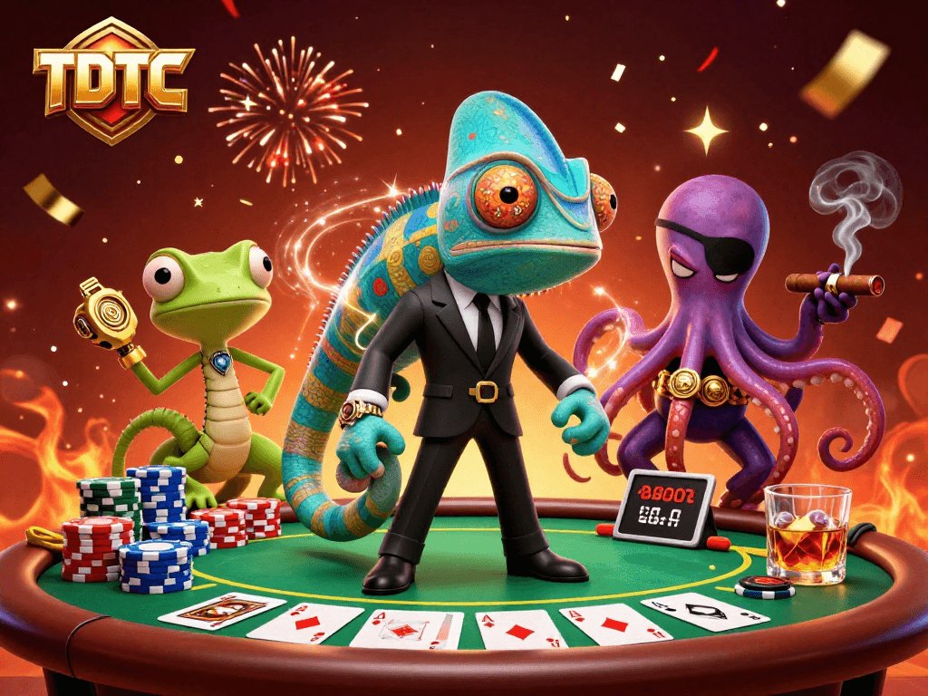 Play poker with TDTC's thrilling characters in a vibrant 3D casino scene full of action.