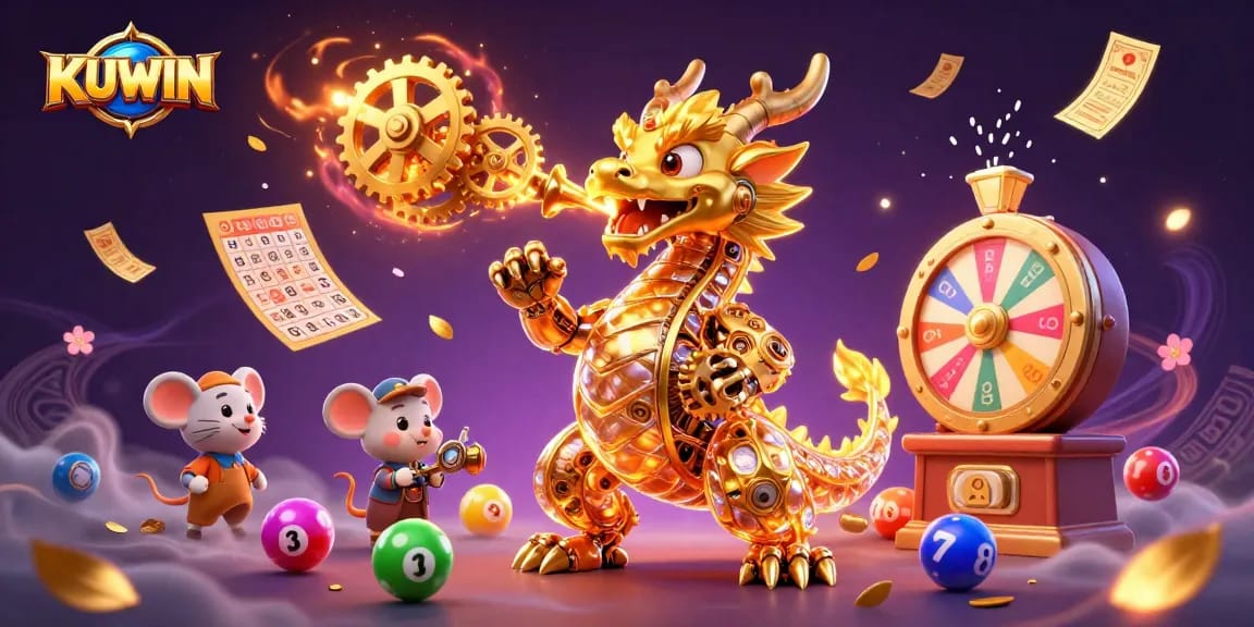 KUWIN brings excitement with a golden dragon and colorful lottery elements in a vibrant casino scene.