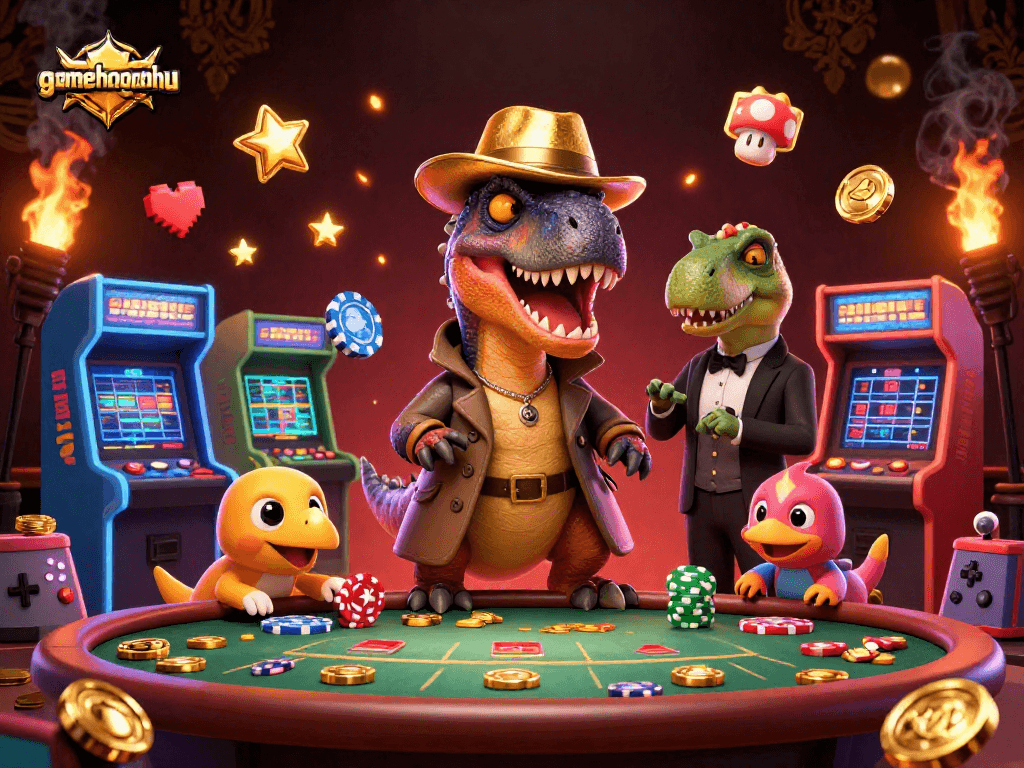 gamethuongnohu players strategize over blackjack as a velociraptor and stegosaurus engage in the game.