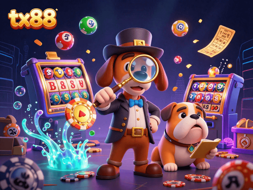 Engage with tx88 in a vibrant casino scene as a detective uncovers treasure clues.