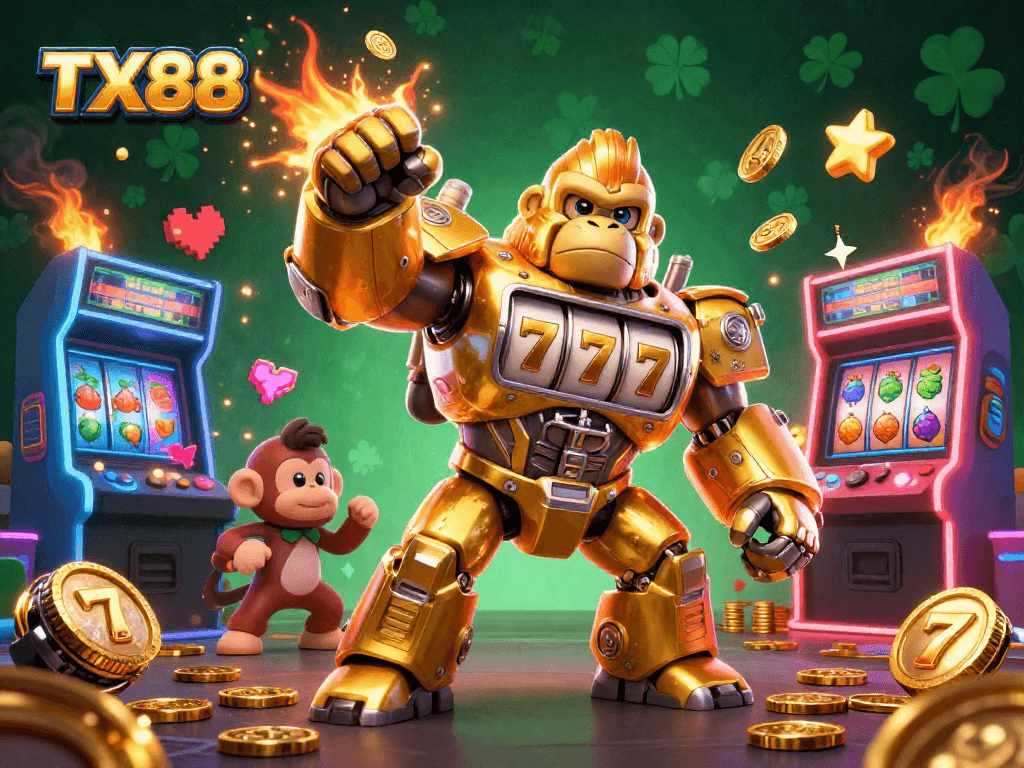 Experience excitement with TX88's vibrant slot-themed 3D illustration featuring a golden gorilla mech.