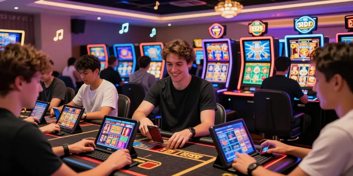 Engaging gambling scene with players enjoying slot7000 games online, showcasing modern devices and vibrant atmosphere.