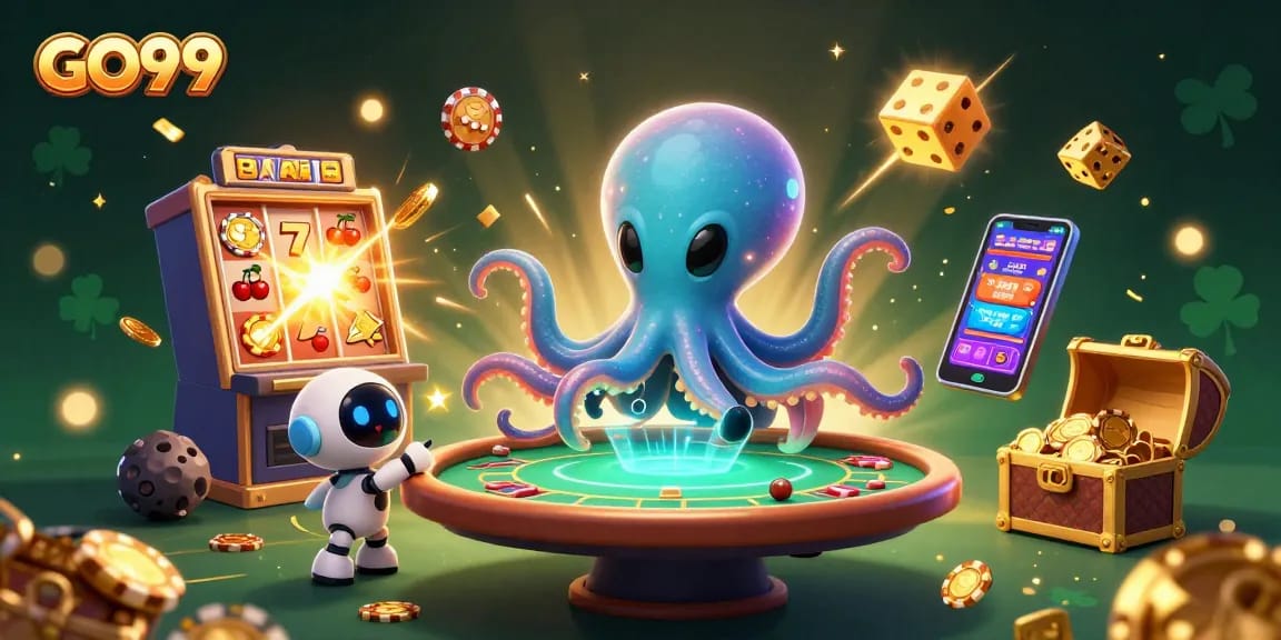 Experience thrilling poker action with GO99 in this vibrant 3D casino scene featuring an alien octopus.