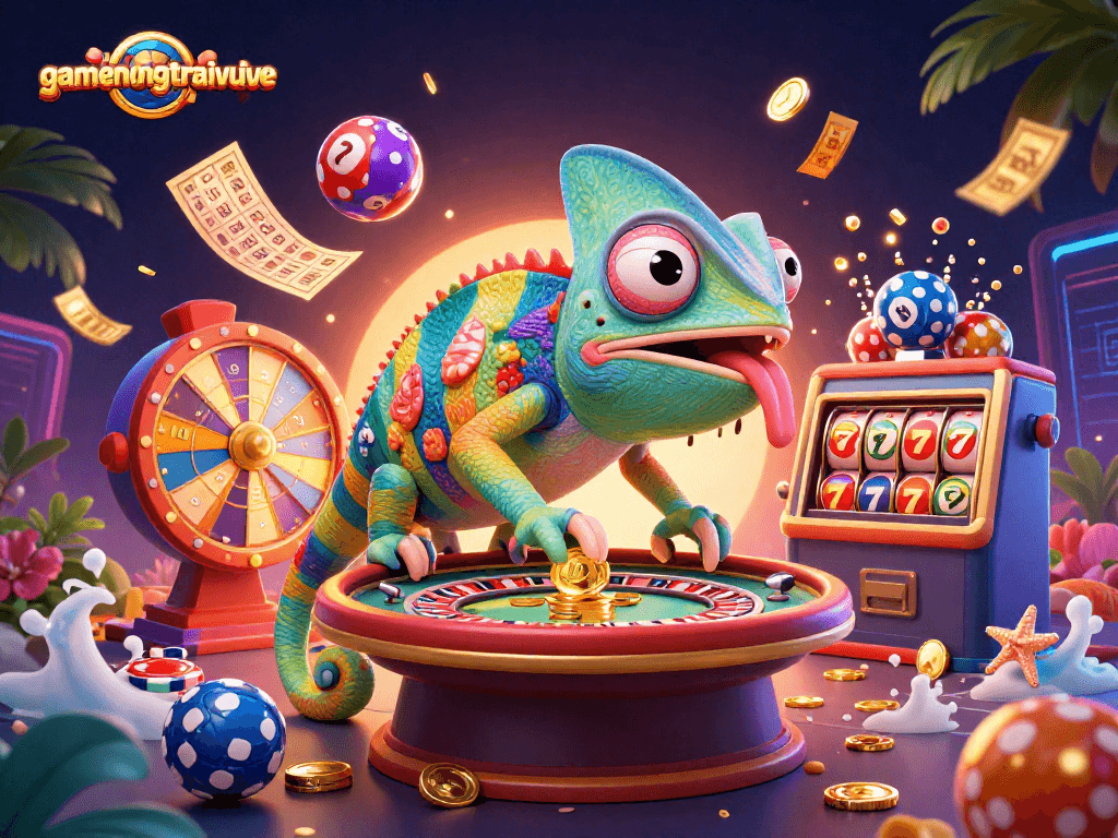 Experience the excitement of gamenongtraivuive with a dynamic casino scene showcasing colorful lottery balls and engaging characters.