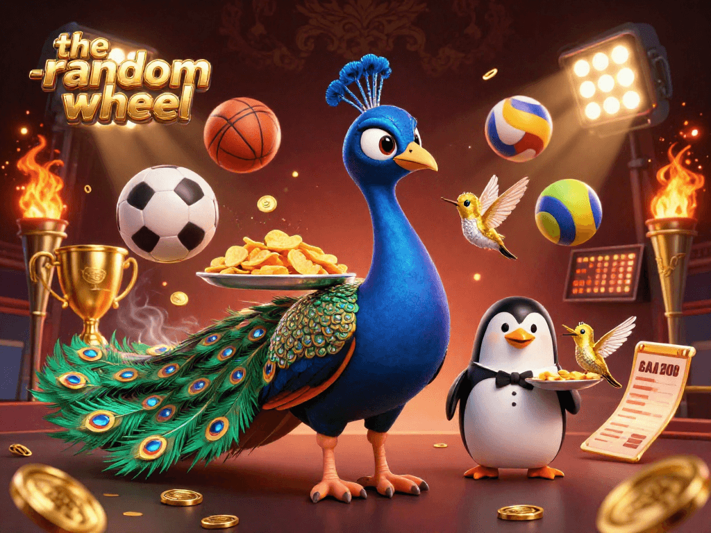 Spin and win with the-random-wheel in this vibrant casino scene featuring colorful characters and sports elements.