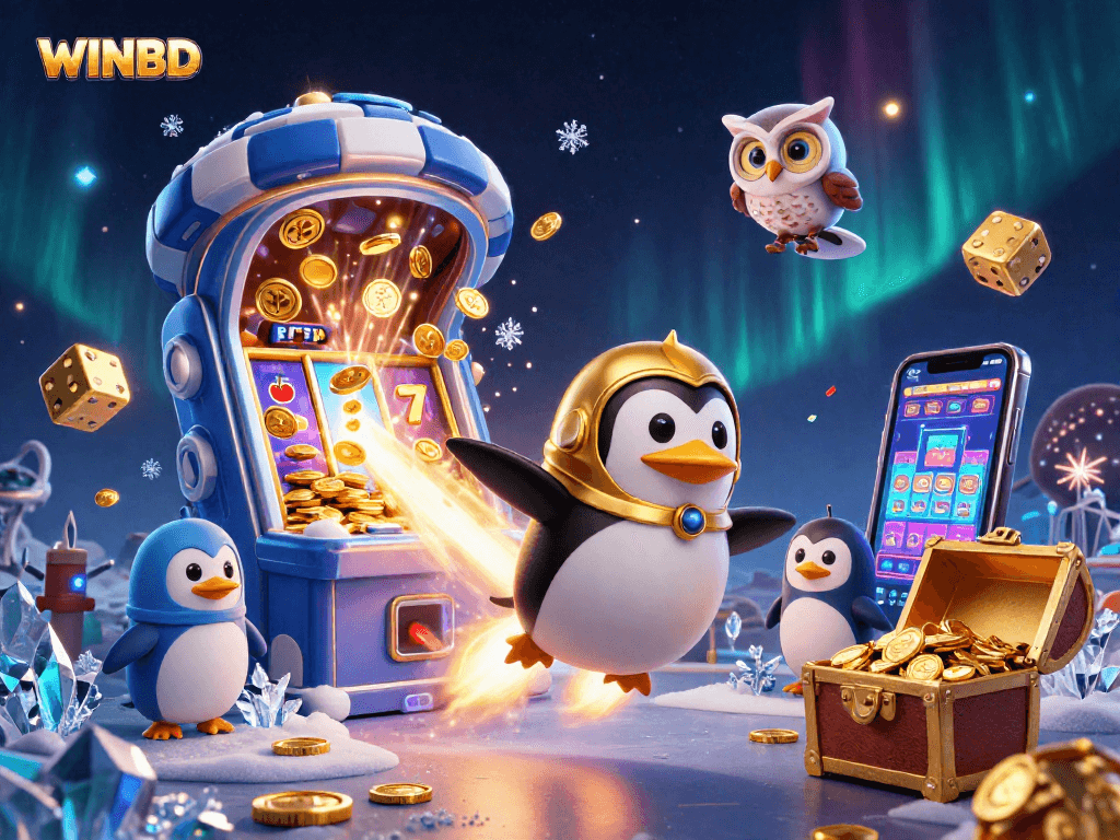 WINBD rocket-powered penguin blasts toward a casino station amidst shimmering coins and jackpot explosions.