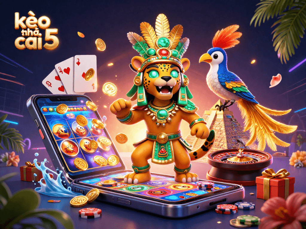 Engage in thrilling slots at kèo nhà cái 5 with a dazzling 3D Mayan scene featuring a jaguar priest and gaming elements.