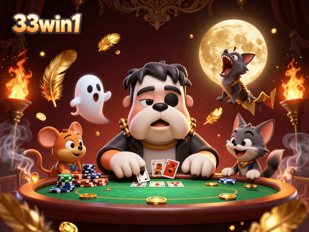 Engage with 33win1's thrilling poker scene featuring a cartoon bulldog dealer and spooky characters.
