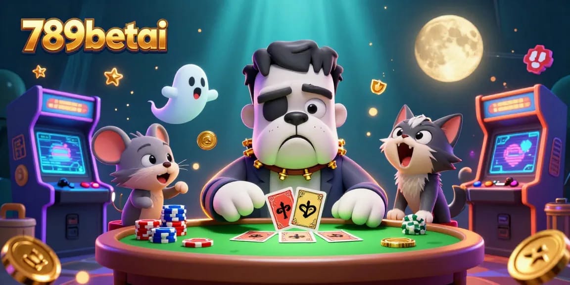 Engage with 789betai as a 3D cartoon bulldog deals cards in a lively casino setting.