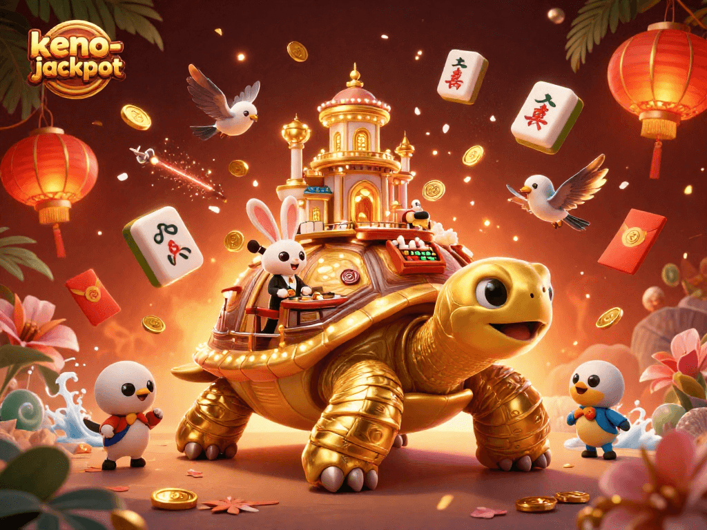 Experience the thrill of keno-jackpot with golden tortoise and vibrant casino elements.