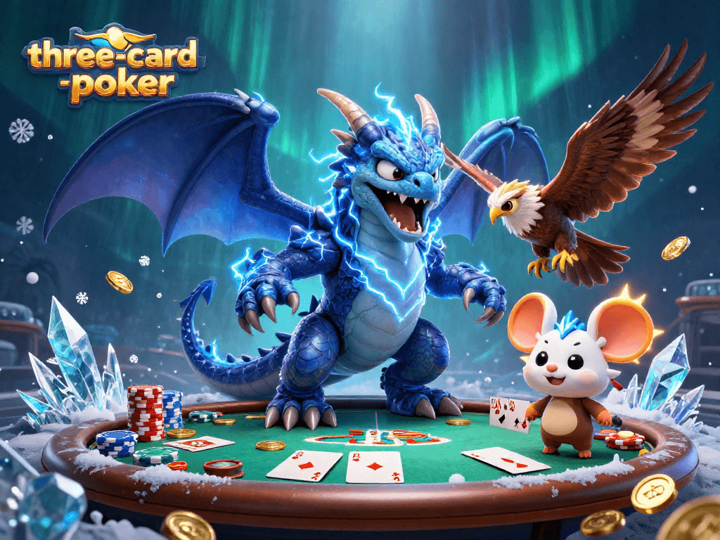 Engage in three-card-poker with dynamic chips and cards, featuring bold colors and striking characters.
