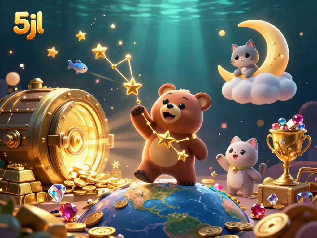 Engage in thrilling 5jl casino adventures with our vibrant, golden-themed 3D illustration.