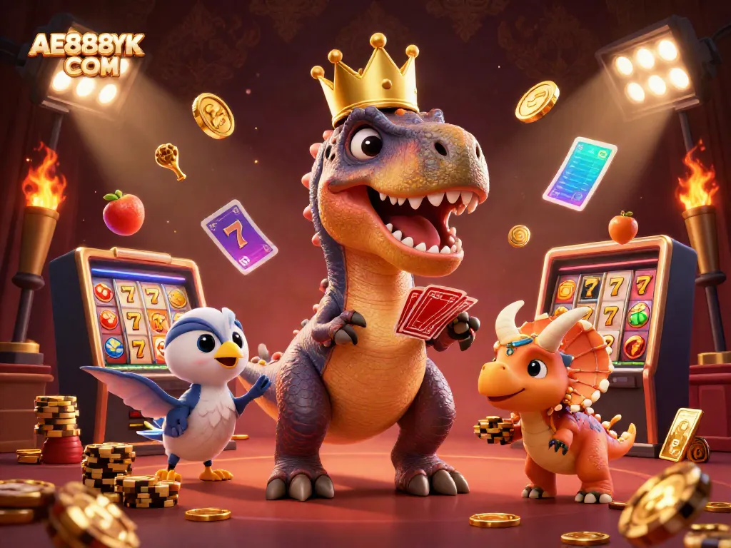 Experience the excitement of AE888YK COM with a playful T-Rex shuffling cards and friends stacking chips.