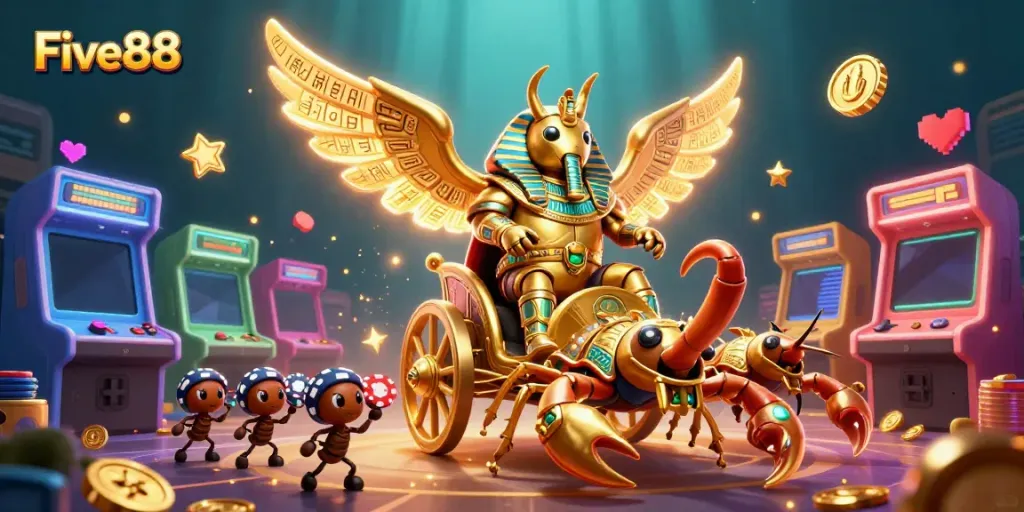 Experience the excitement at Five88 with a vibrant 3D illustration of a golden scarab beetle and gaming icons.