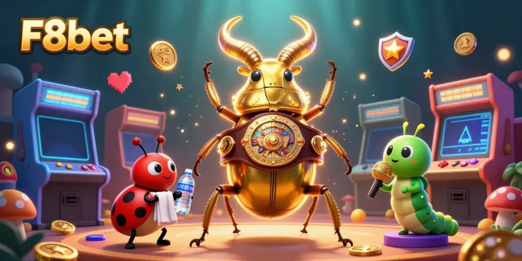 Experience the thrill of F8bet gaming with a vibrant 3D casino illustration showcasing unique characters.