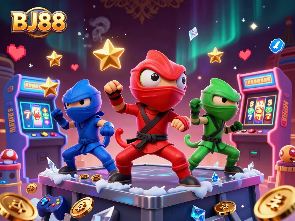 BJ88 casino illustration showcasing chameleon ninjas and vibrant slot game elements