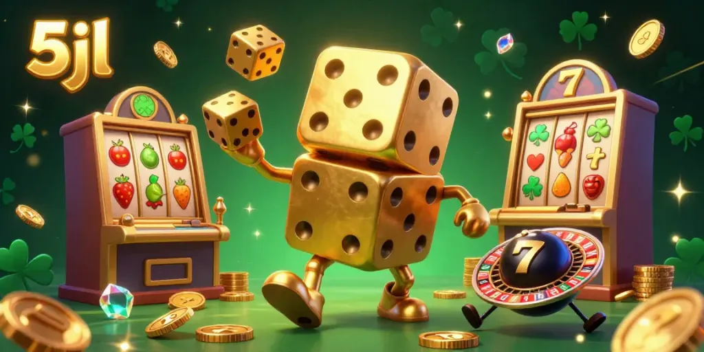 Engage in thrilling gaming with 5jl's colorful golden dice golem and vibrant casino elements.