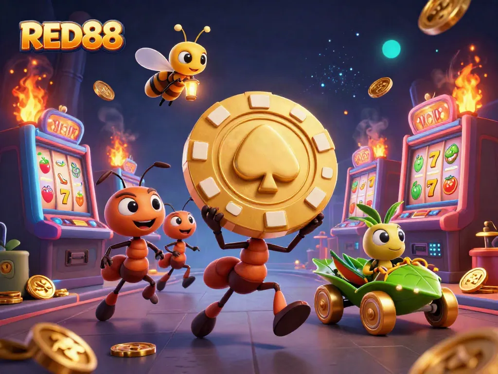RED88 ants carrying a golden poker chip through a vibrant 3D casino heist scene loaded with dynamic game elements.