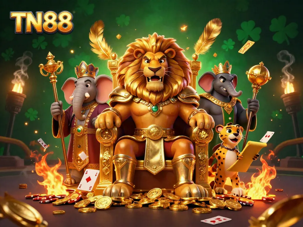 Experience the gaming thrill at TN88 with the king of the casino realm ruling over a dynamic 3D scene.