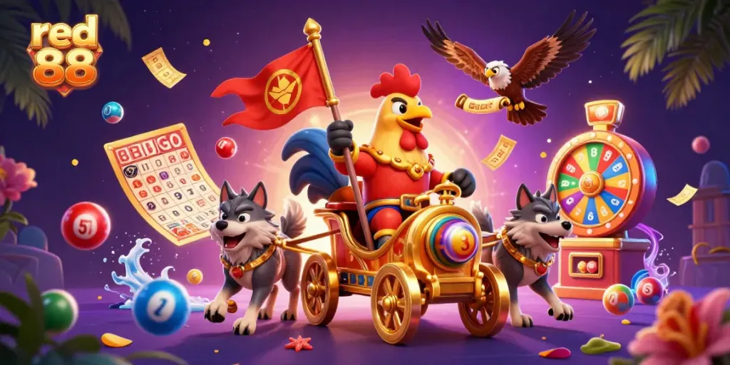 Experience the excitement of red 88 with a vibrant scene featuring a rooster warlord and dynamic casino elements.