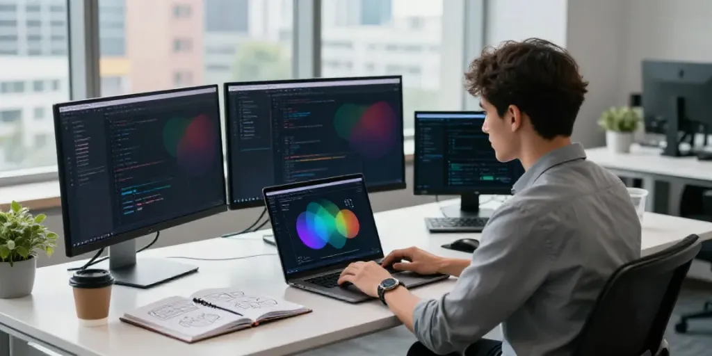 AI-first hosting solutions in a modern tech workspace with multiple monitors and collaborative tools.