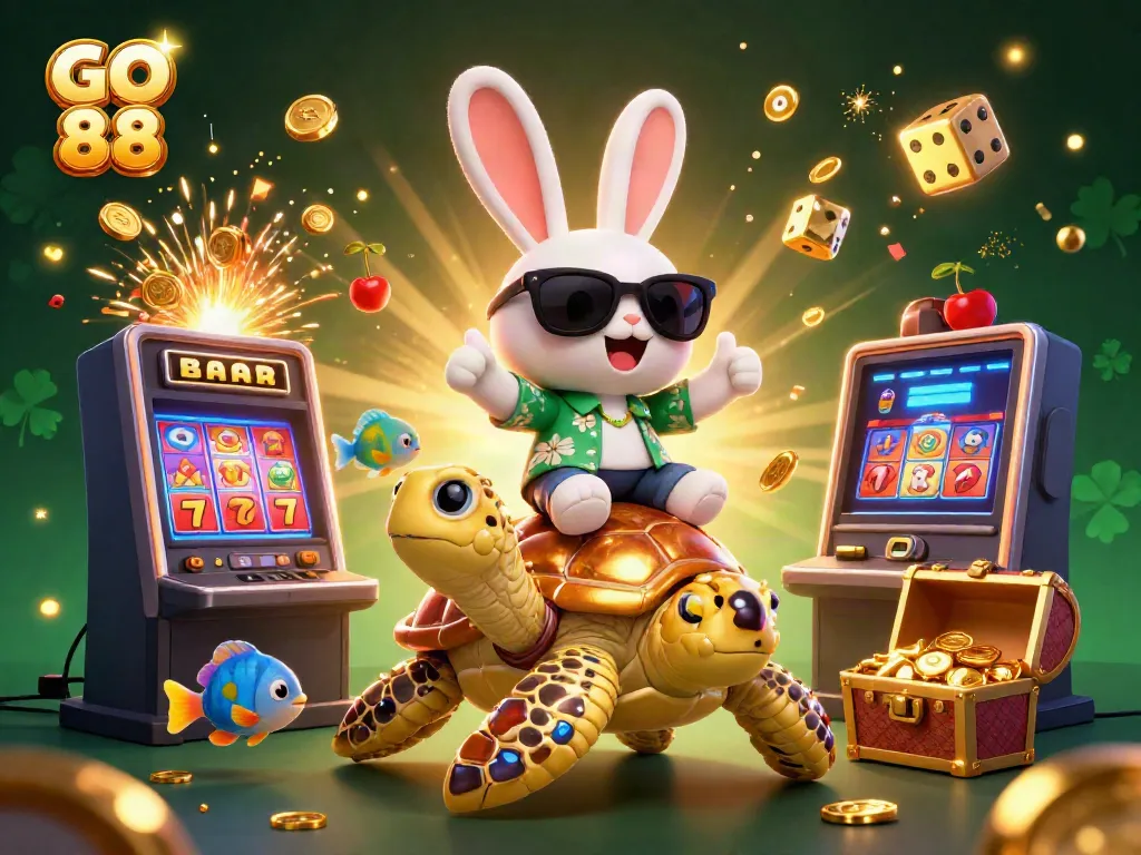 Catch the excitement of GO 88 with the lucky rabbit and golden turtle amid casino elements.