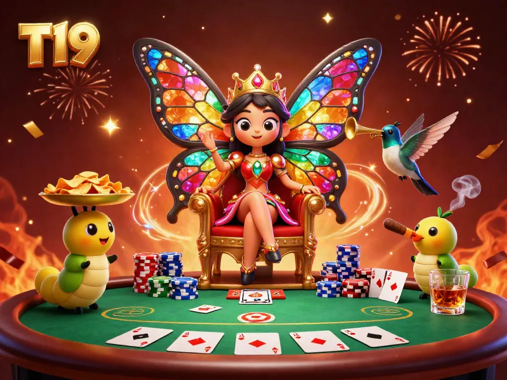 Experience T19 excitement with vibrant casino visuals featuring poker elements and a magical butterfly queen.