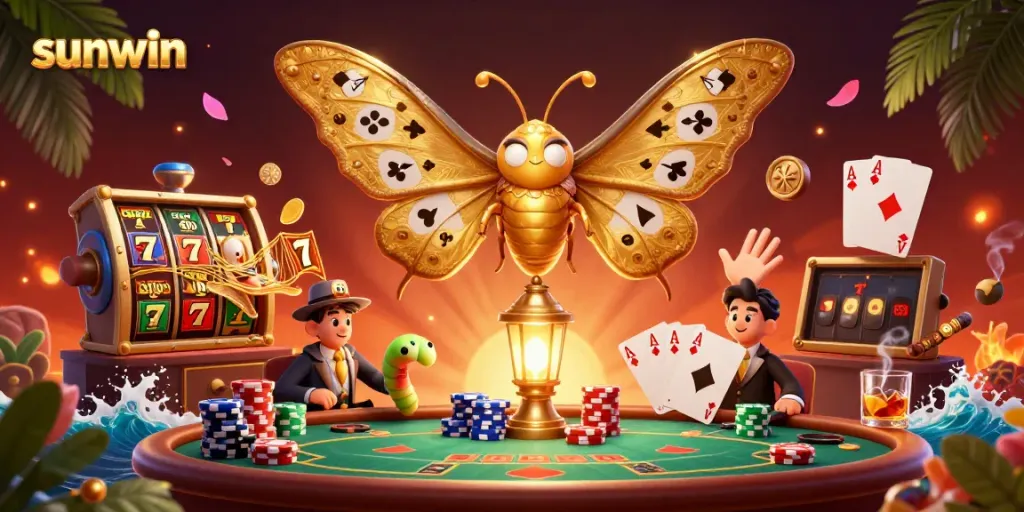 Engage with the vibrant world of sunwin as a golden-winged moth and silk worms weave casino scenes amidst slot reels and poker elements.
